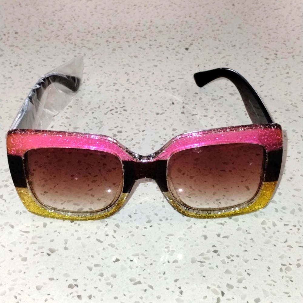 Ladies Square Oversized Framed Sunglasses (Pink/Yellow/Dark Brown Legs) - New!